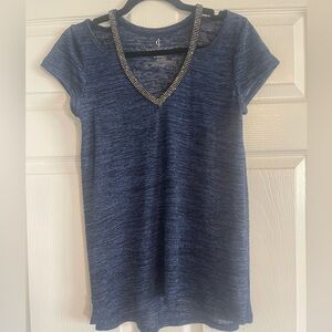 Juicy Couture Blue V-Neck Top with Embellished Neckline-size X-Small